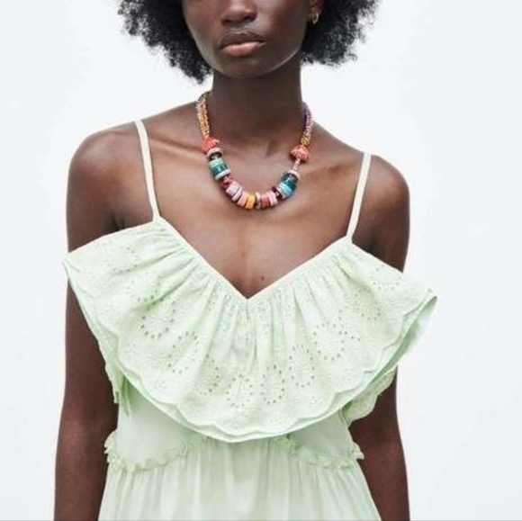Zara Dresses & Skirts - Zara Mint Green Ruffle Neck Eyelet Maxi Embroidered‎ Dress Size Small